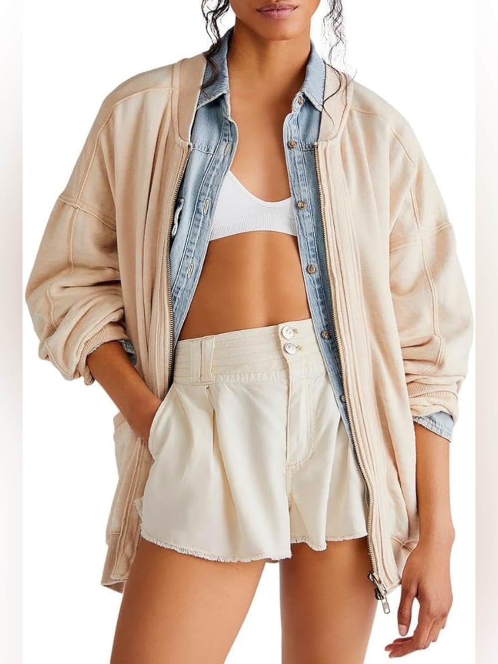 Free People Oversized Bomber Jacket in Beige